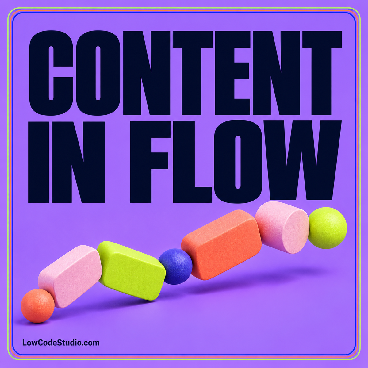 AI CMS editorial workflow in neon colors, with content records moving through draft, review, and publish.