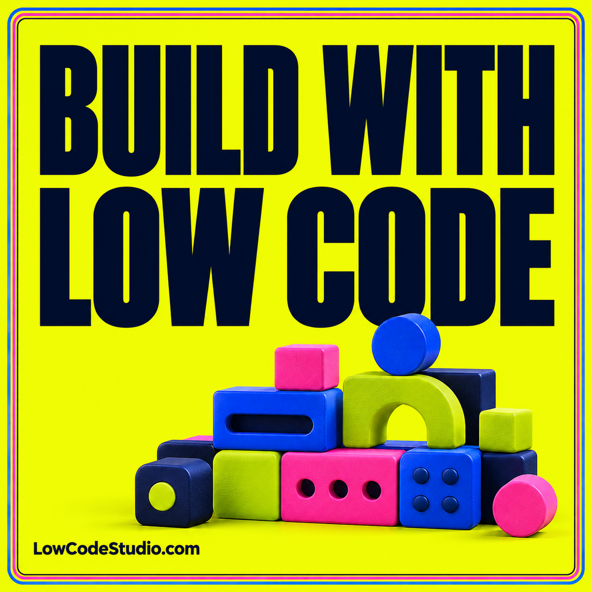 Low Code Studio beginner guide with bright building blocks and a plan, build, review sequence.