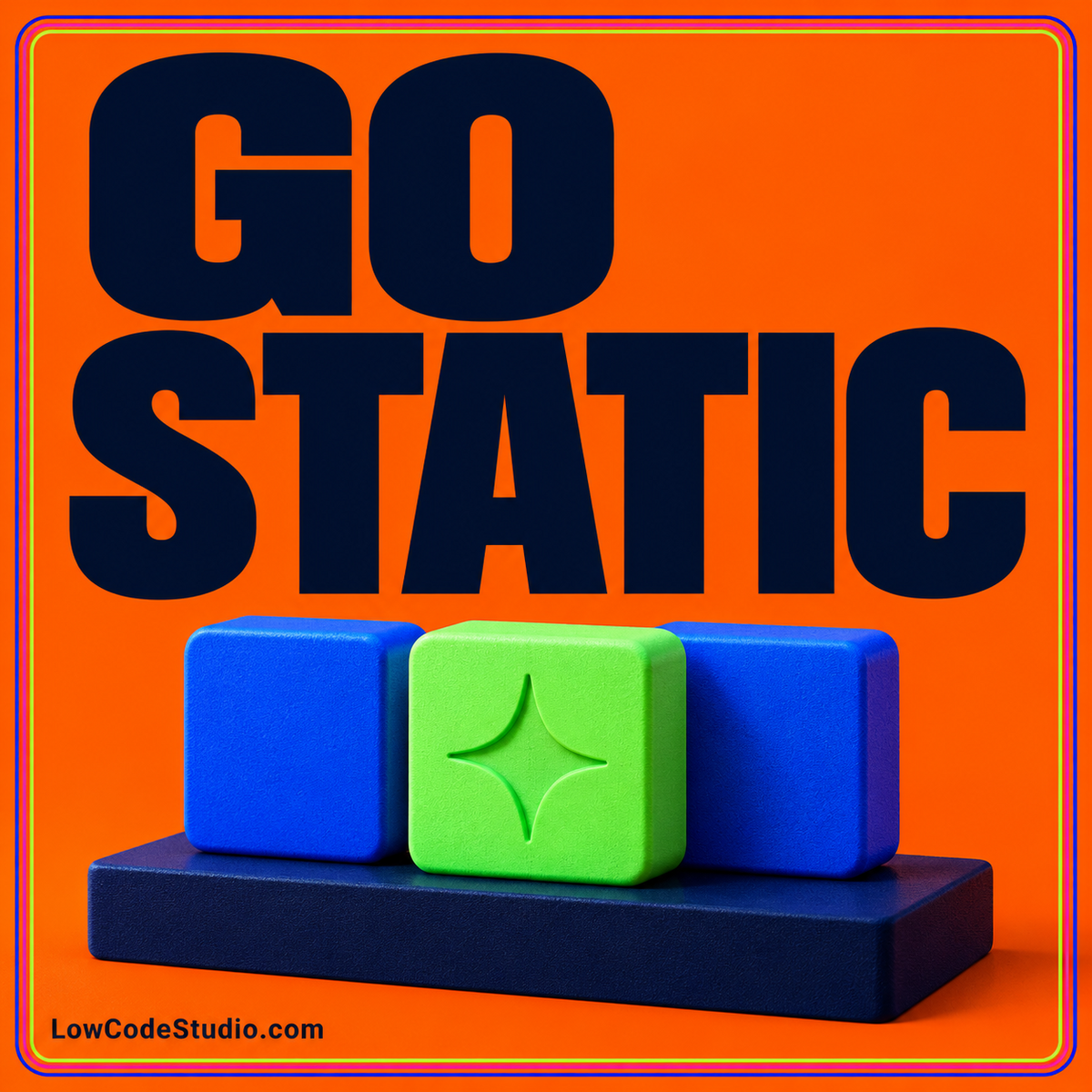 Neon static website publishing illustration with page files, connected folders, and a publish arrow.